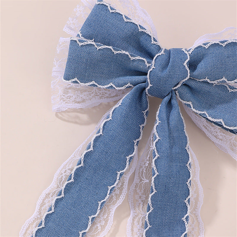 Dolce fermaglio per capelli a forma di fiocco con nastro blu e tessuto in tulle per bambine, fermaglio a molla in stile principessa