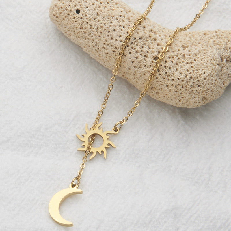 Minimalist Geometric Sun and Moon Pendant Necklace for Women in Stainless Steel with Titanium Steel Pendant and Plated Finish on O-Chain