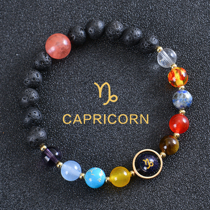 Unisex Zodiac Blue Sandstone Volcanic Stone Crystal Beaded Bracelet