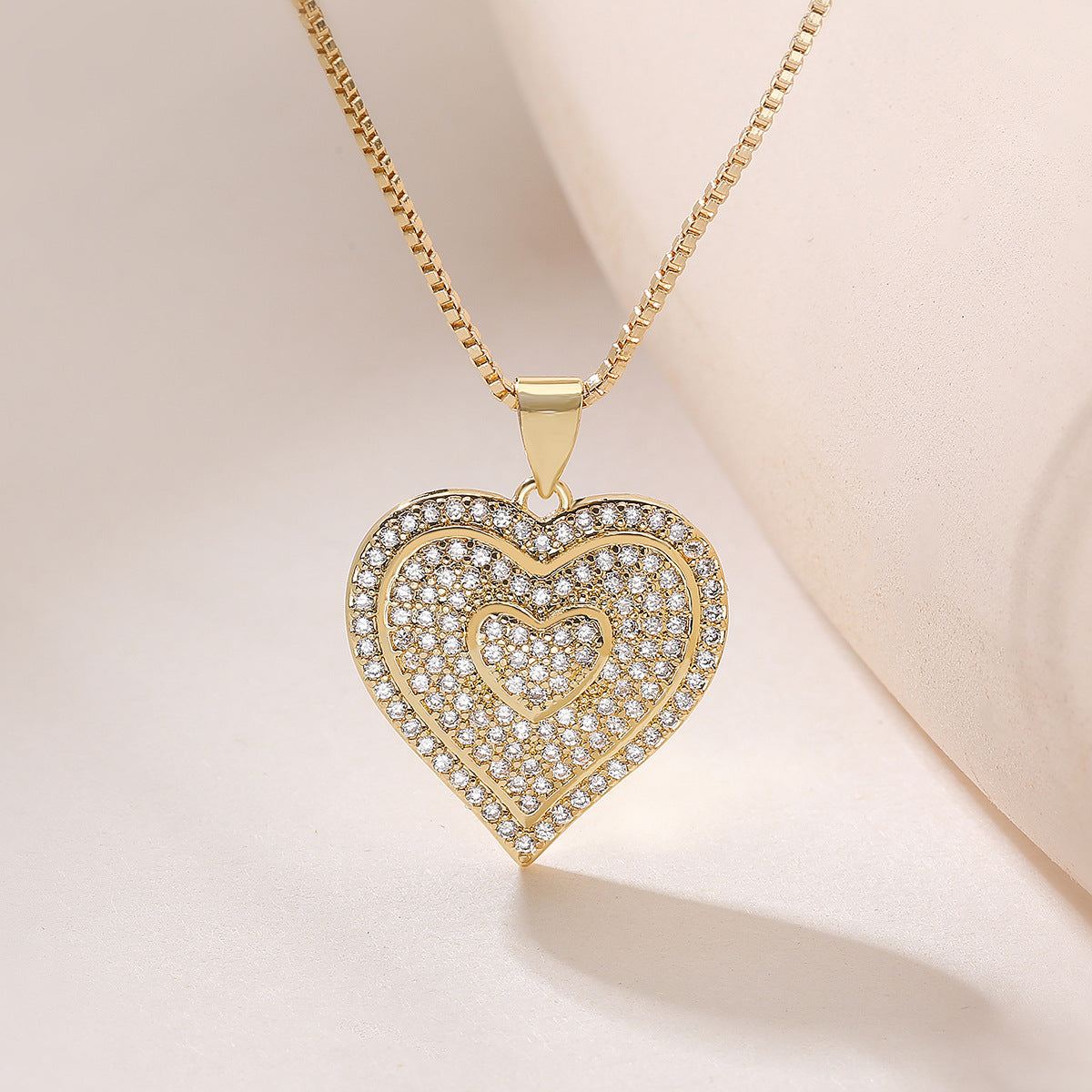 Minimalist Heart Geometric Brass Necklace with Cubic Zirconia Inlay for Women