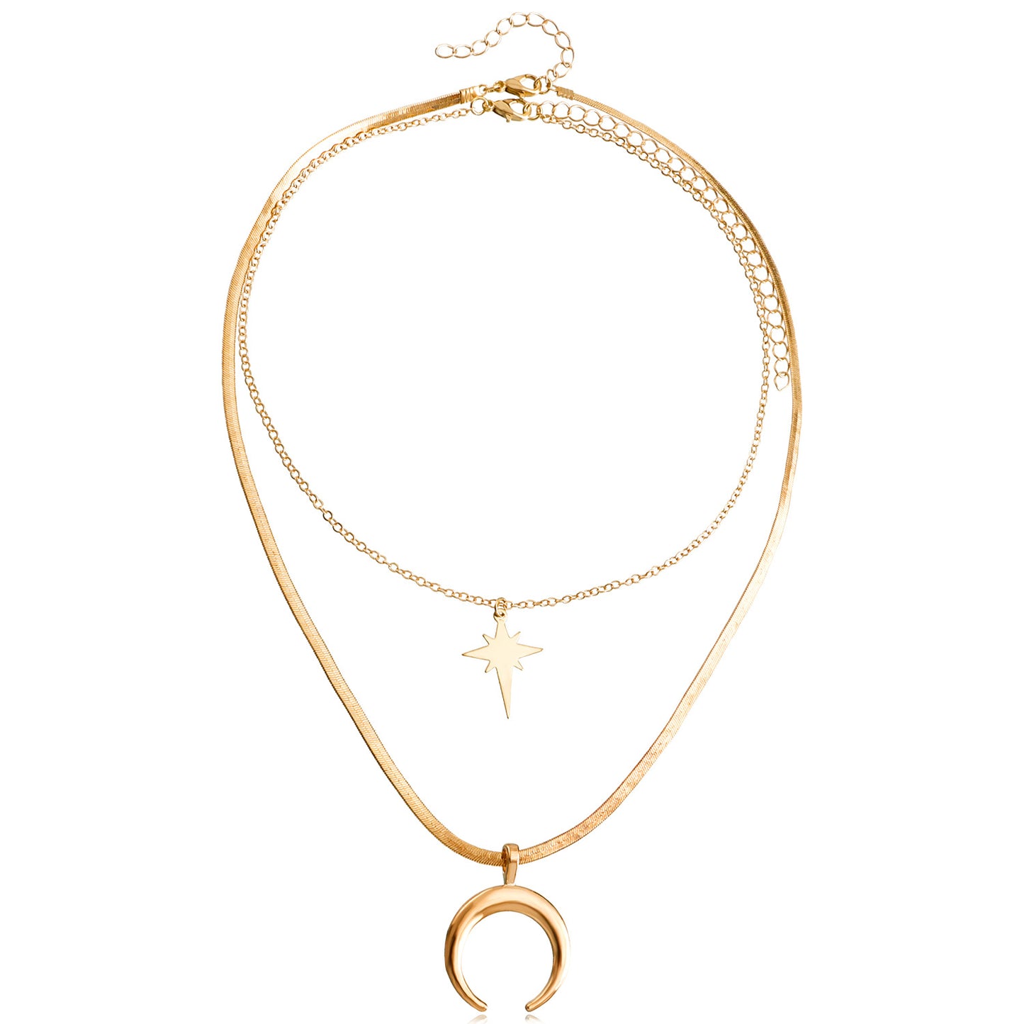 Fashionable Geometric Moon and Cross Pendant Necklace for Women with Triple-Layer Flat Snake Chain and Electroplated Alloy Finish