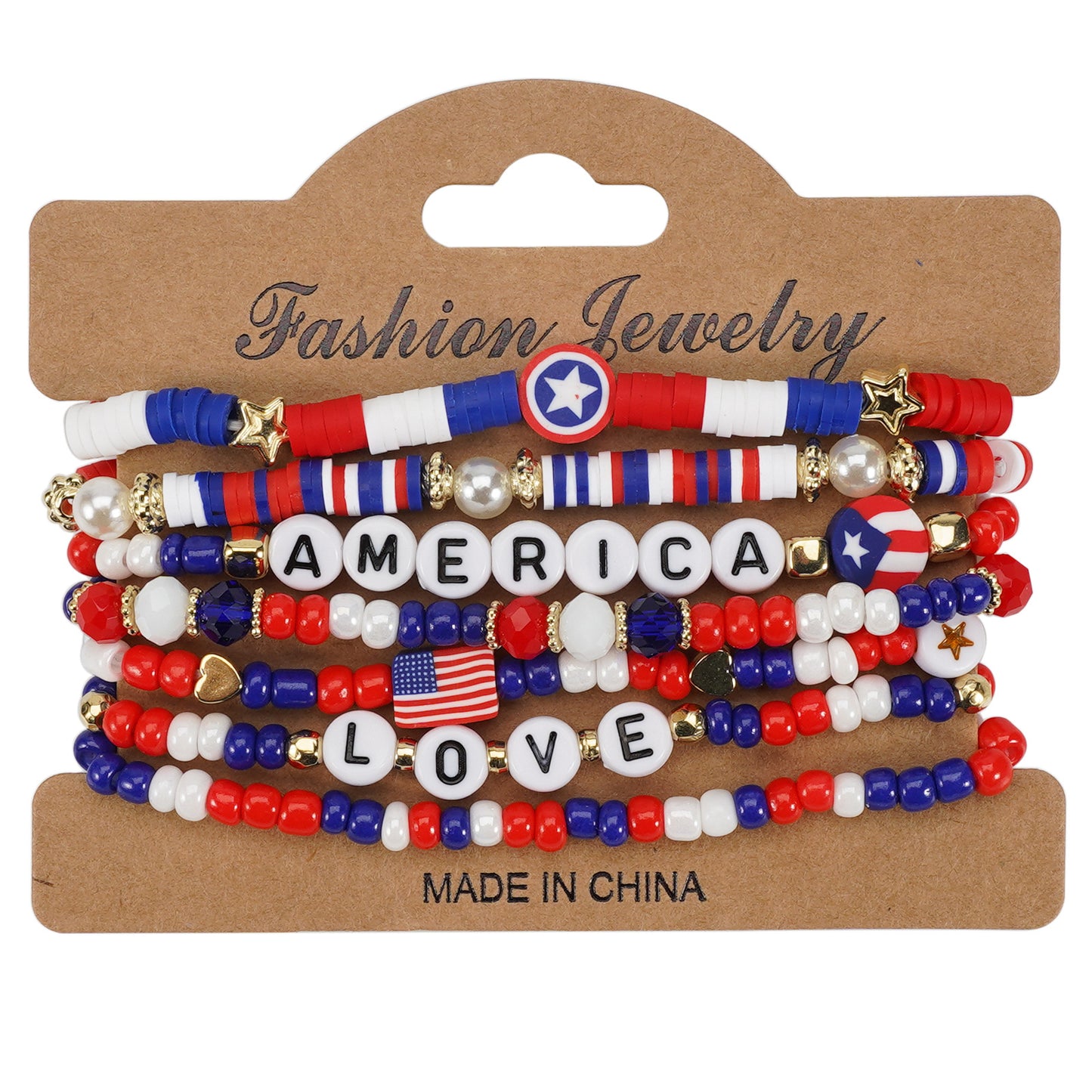 Geometric Resin Beaded Bracelet Red White Blue Patriotic Design Unisex