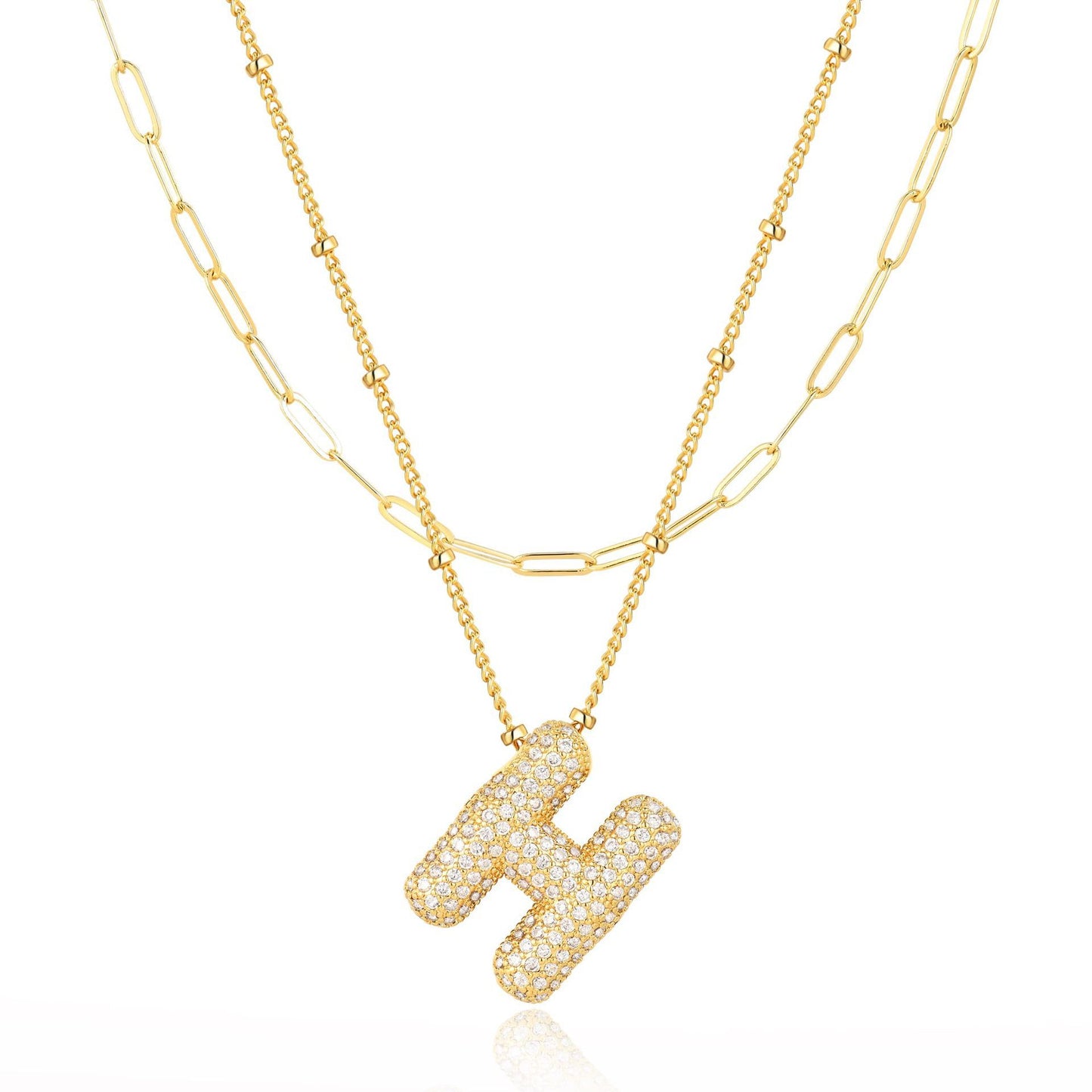 18K Gold Plated Brass Double Layer Letter Necklace Micro Pave Cubic Zirconia Serpentine Chain Women's Jewelry