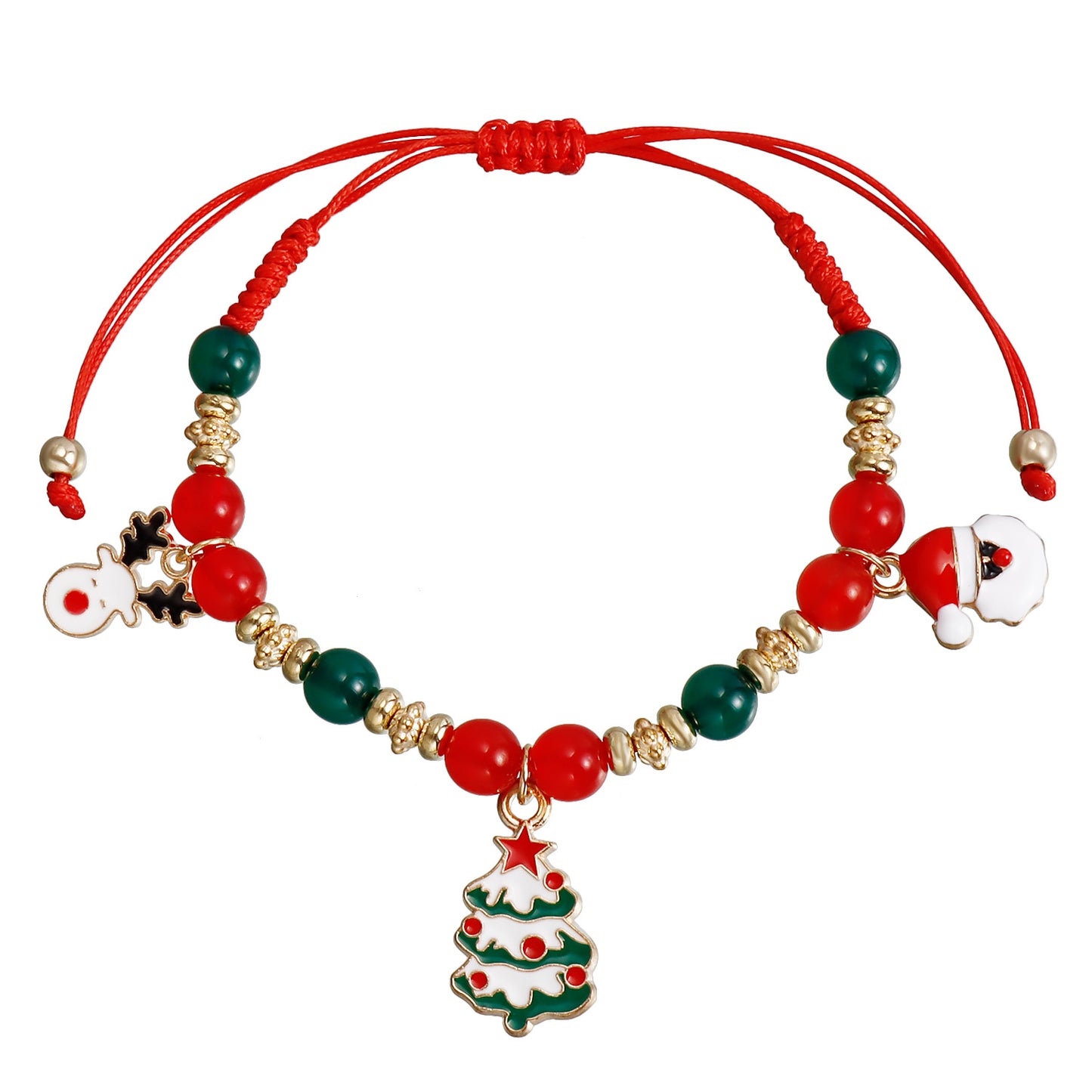 Handmade Beaded Christmas Bracelet Set with Snowman Reindeer and Bell Charms in Red Color Geometric Design Electroplated Women's Jewelry Gift