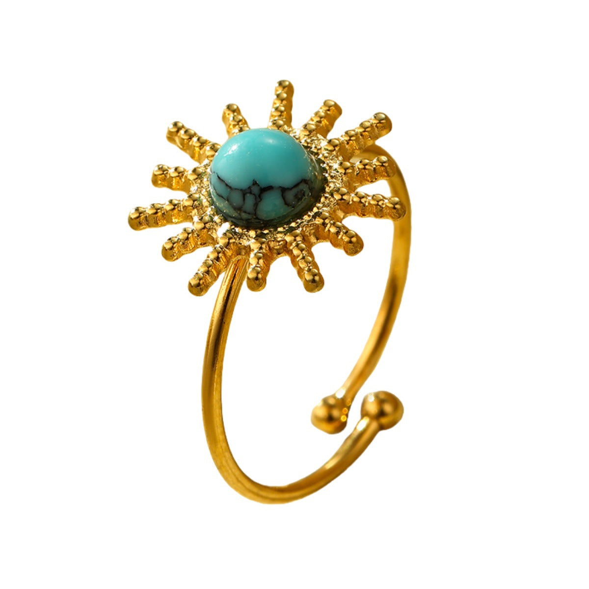 Anillo abierto ajustable de acero inoxidable chapado en oro de 18 quilates con patrón de sol turquesa, estilo vintage para mujer