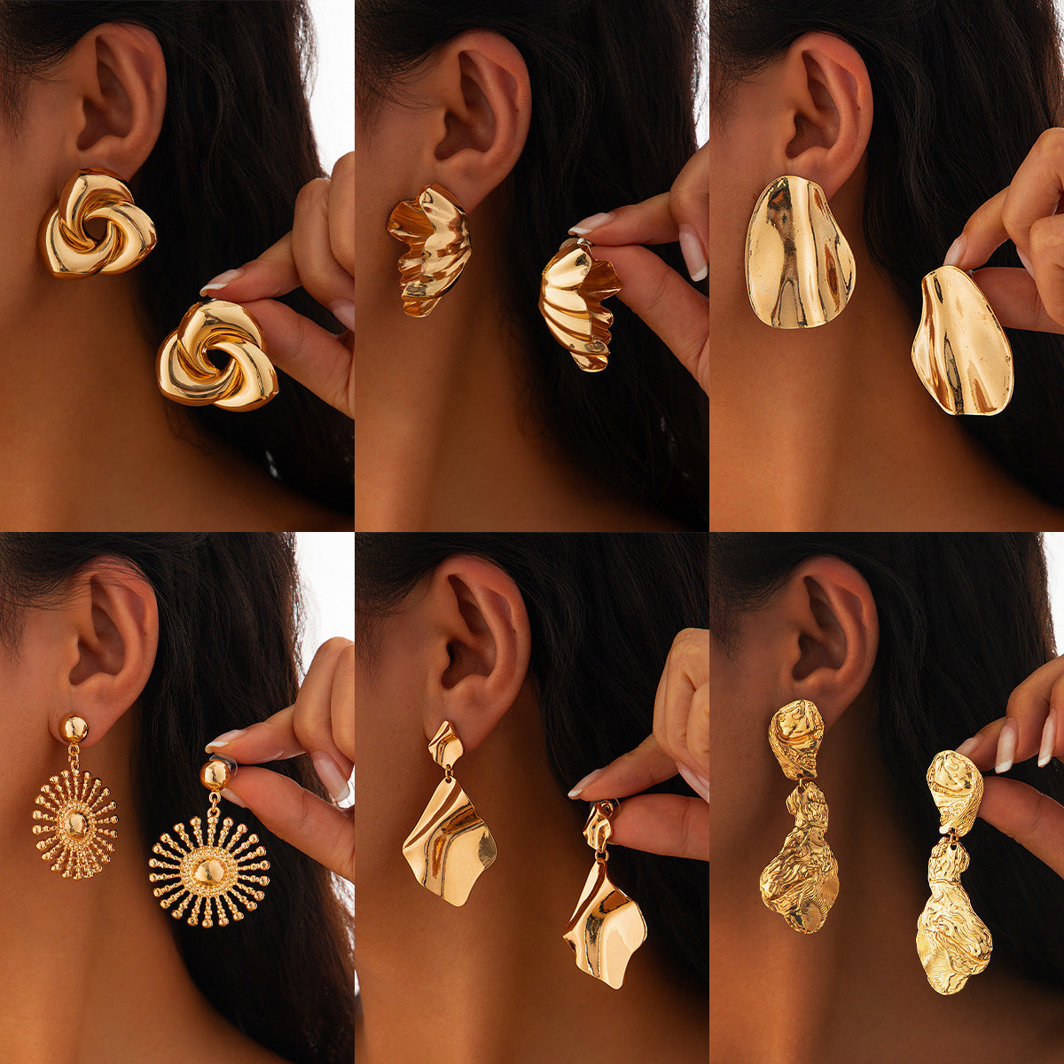 Orecchini geometrici minimalisti da donna con texture metallica e design a girasole irregolare
