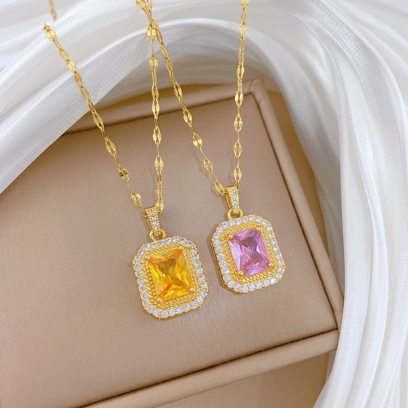 Minimalist Sweet Square Geometric Titanium Steel Necklace with Brass Pendant Inlaid with Cubic Zirconia Floral Design