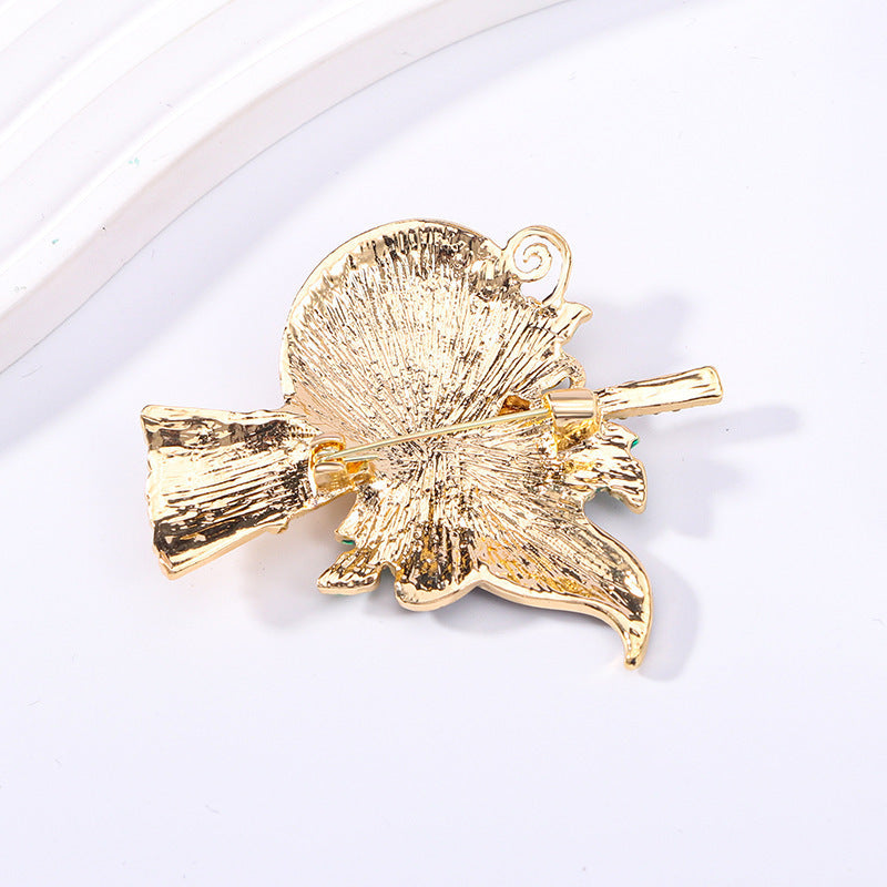 Halloween-Themed Pumpkin Witch Brooch with Magic Hat and Broomstick Design in Zinc Alloy with Enamel Finish