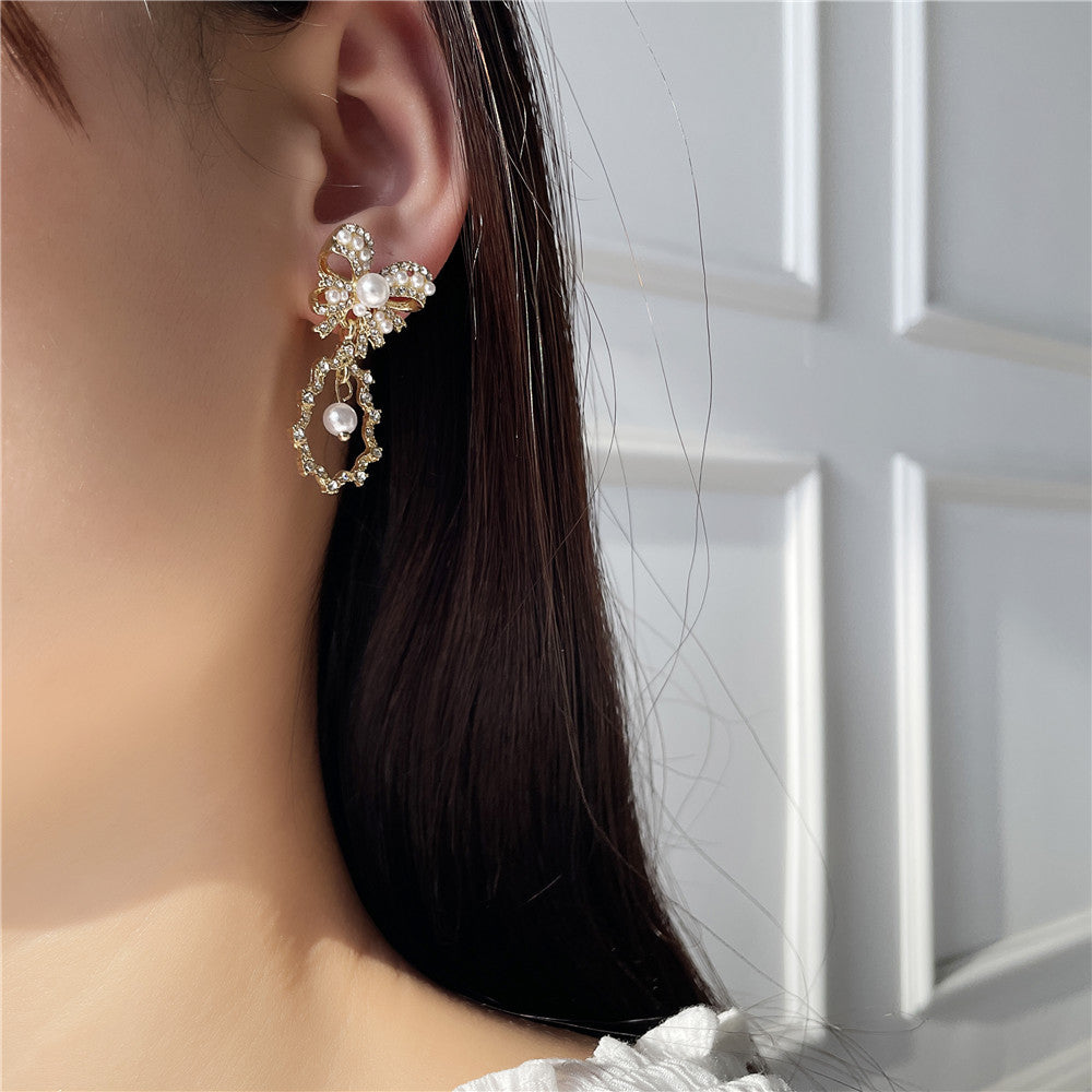 Vintage Elegant 925 Sterling Silver Bow Pearl Rhinestone Plated Alloy Drop Earrings with Tassel