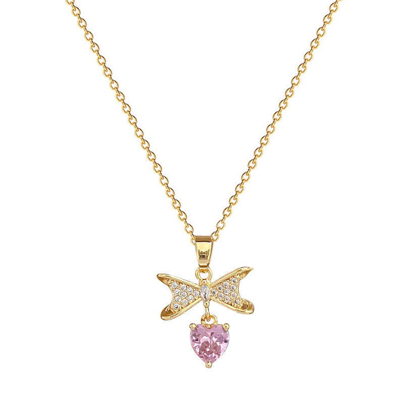 Collana con Pendente Lusso Dolce Acciaio al Titanio Fiocco Cuore Strass Unisex