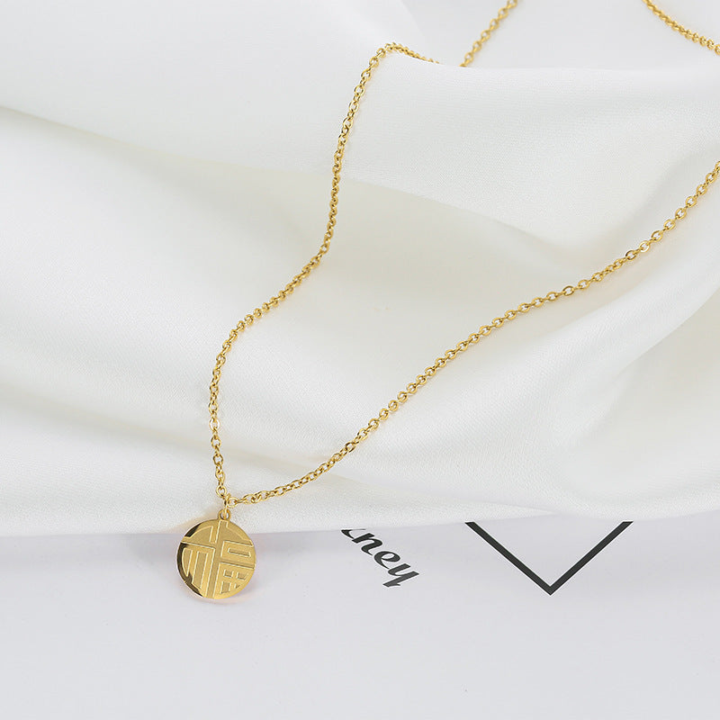 Vintage Chinese Character Style Titanium Steel Pendant Necklace with Plated Finish for Women