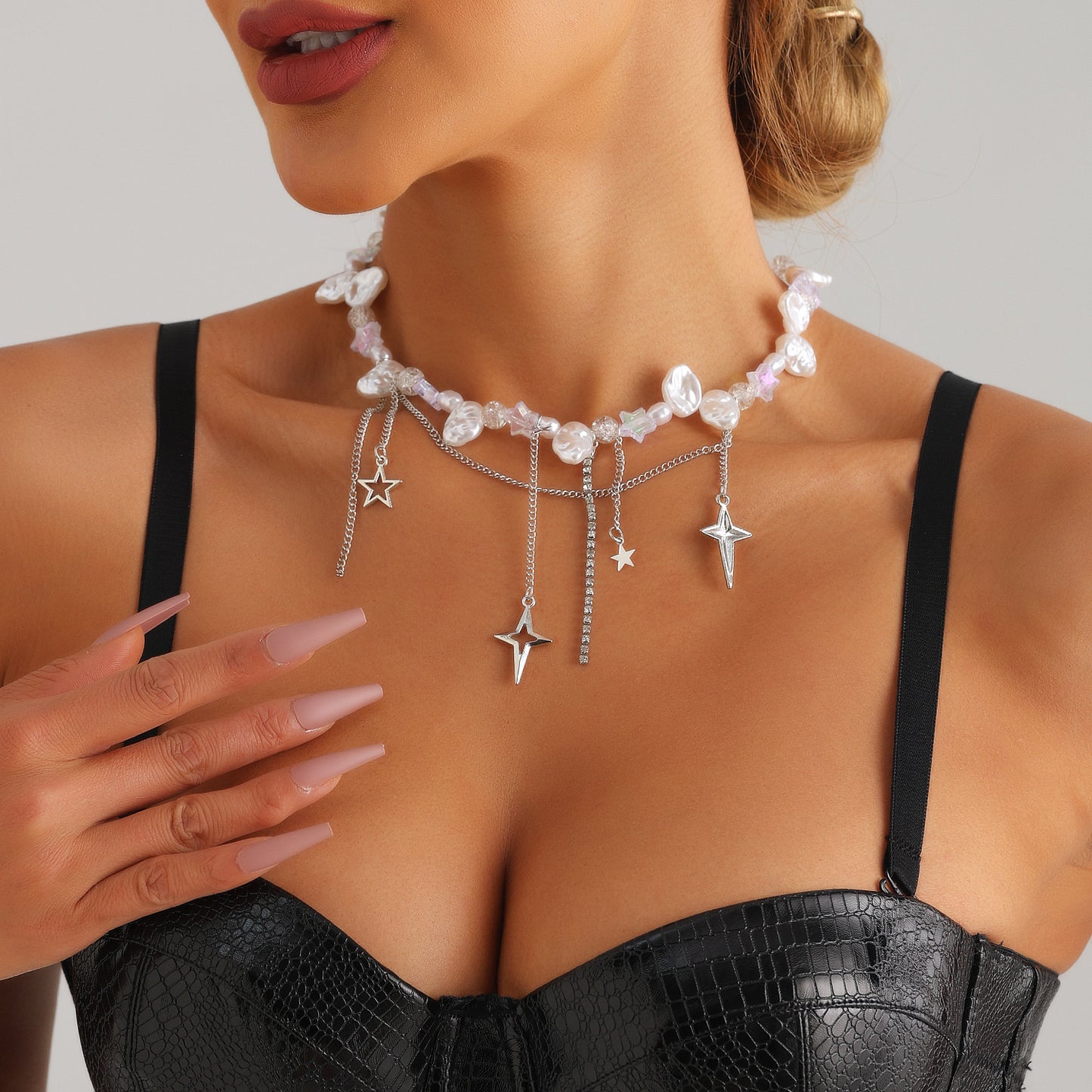 Minimalist Cross Star Pendant Necklace with Rhinestone Inlay and Gold Plated Alloy on Delicate Clavicle Chain for Women