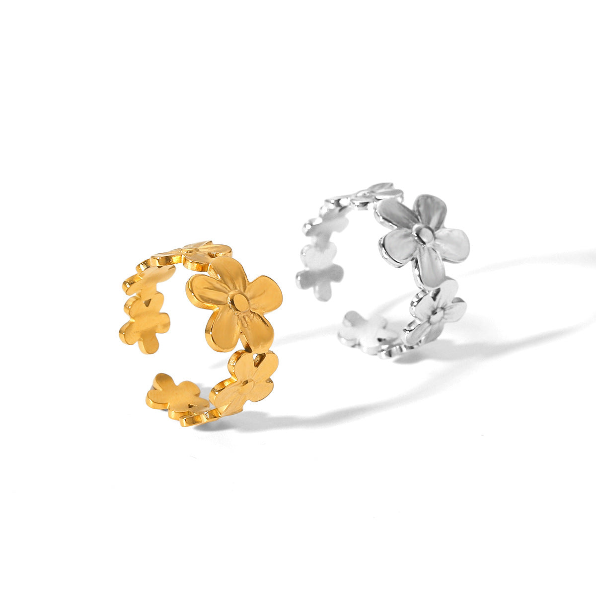 Minimalist Floral Titanium Steel Open Ring for Women with 18K Gold Plating, Geometric Flower Design