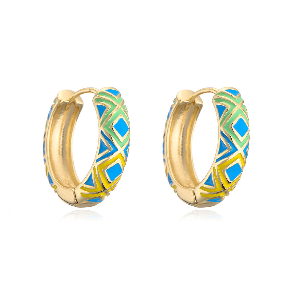 Orecchini a Cerchio Geometrici Minimalisti Retrò da Donna in Ottone Placcato Oro 18K con Finitura Smaltata