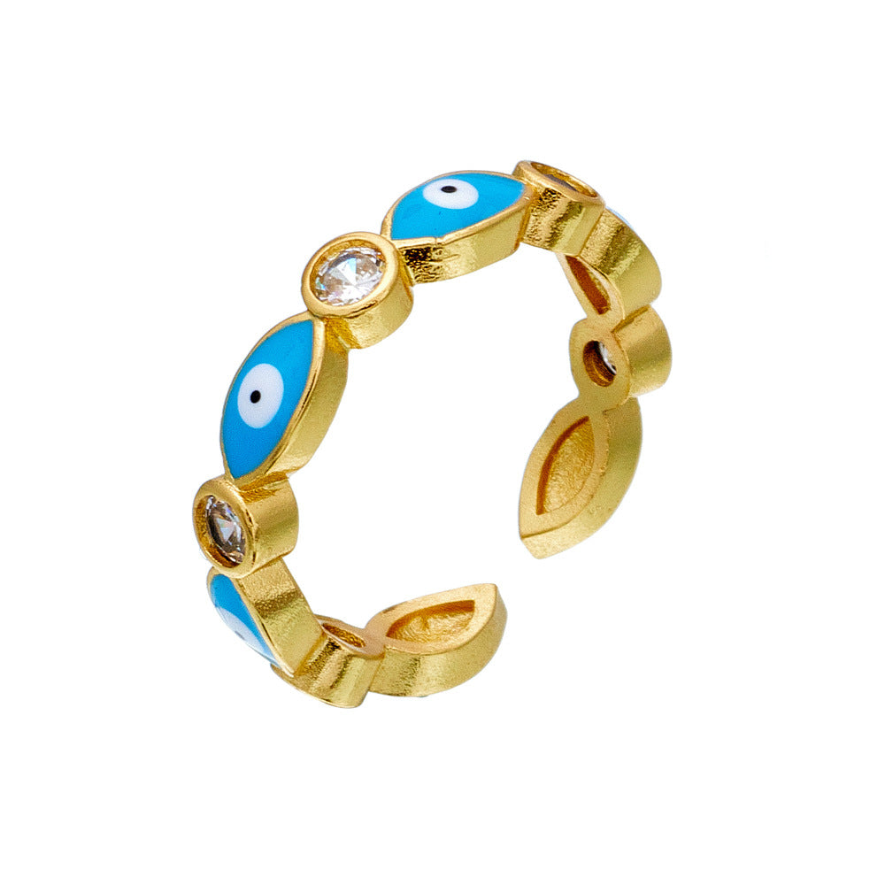 Anello Aperto con Occhio di Allah Geometrico Casual da Donna con Base in Rame Placcata in Oro 18 carati e Zirconia Micro-Incastonata con Finitura Smaltata