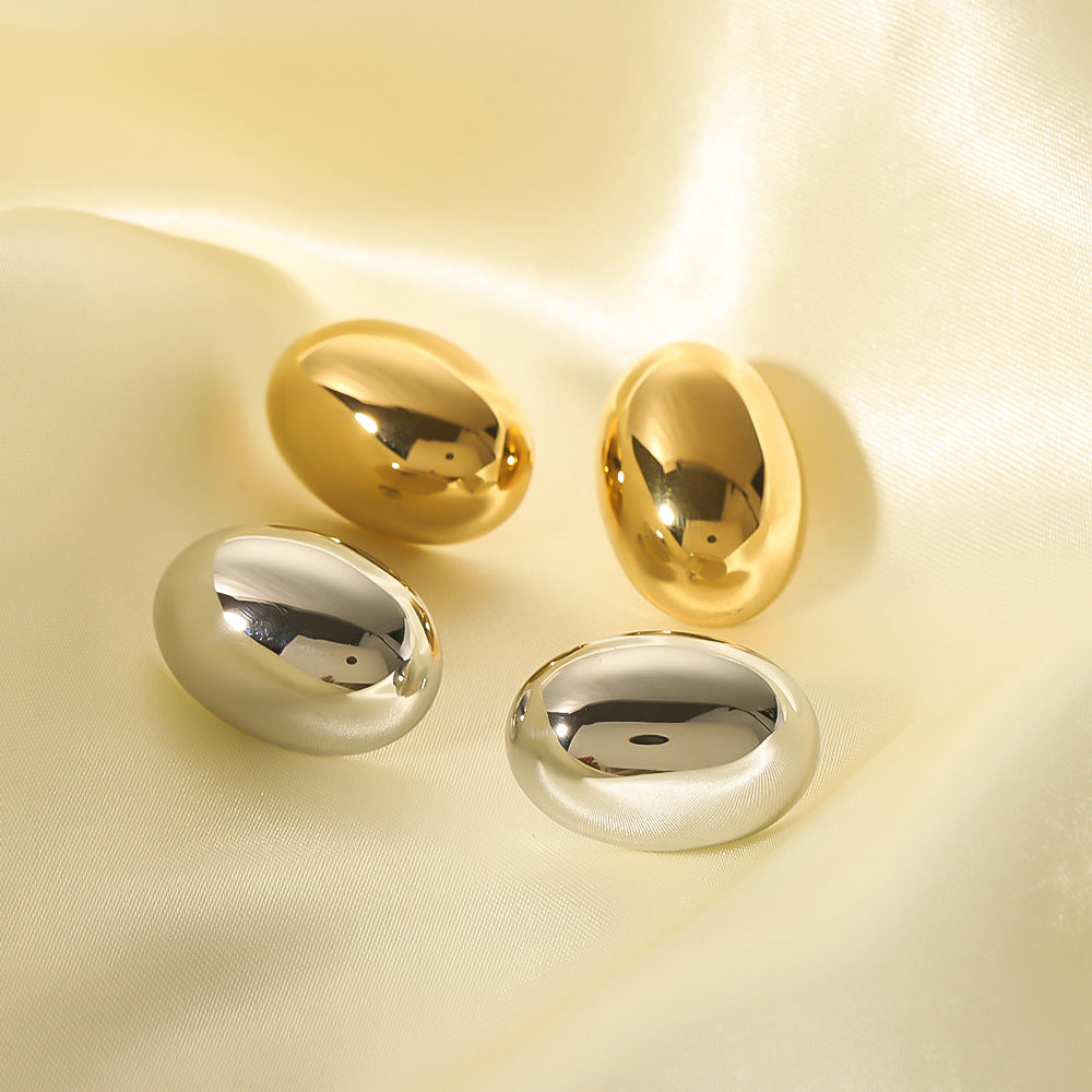 Minimalist Oval Stainless Steel Earrings with 18K Gold Plating, Geometric 3D Design, Polished Mirror Finish