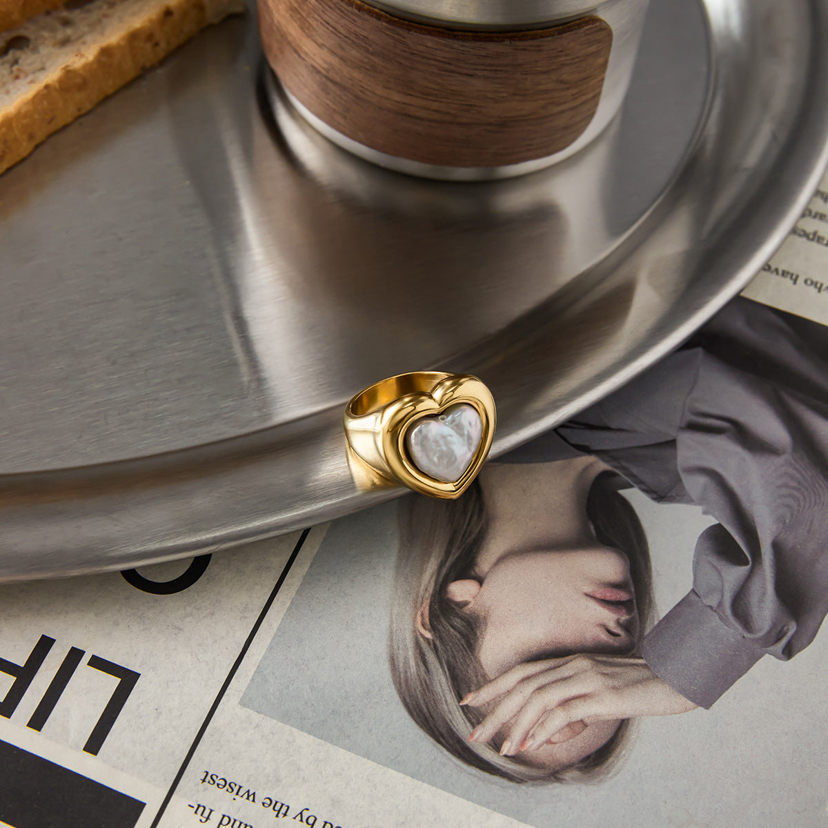Anello da Donna in Acciaio Inossidabile con Cuore Geometrico Moda, Placcato Oro 18K
