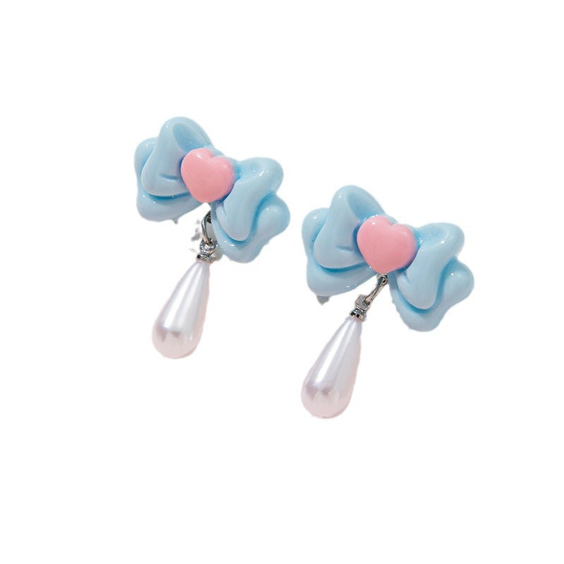 Orecchini a perno con perla a forma di fiocco, dolci e minimalisti, gioielli per bambine alla moda