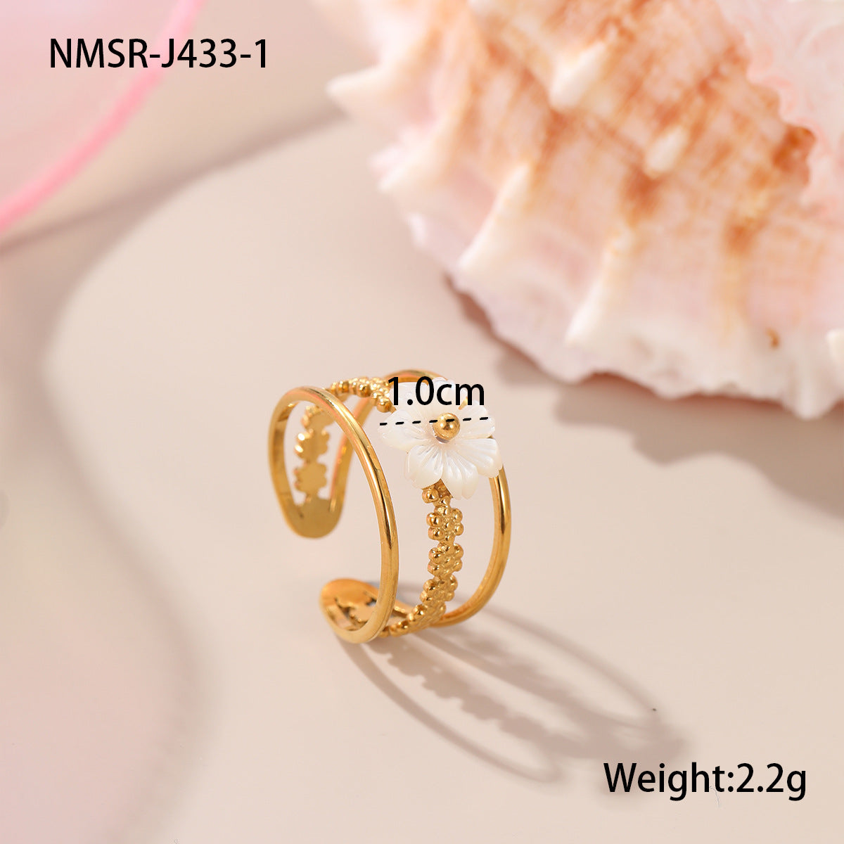 Elegante anello aperto da donna in acciaio inossidabile con perle e motivo floreale, placcato in oro 18 carati