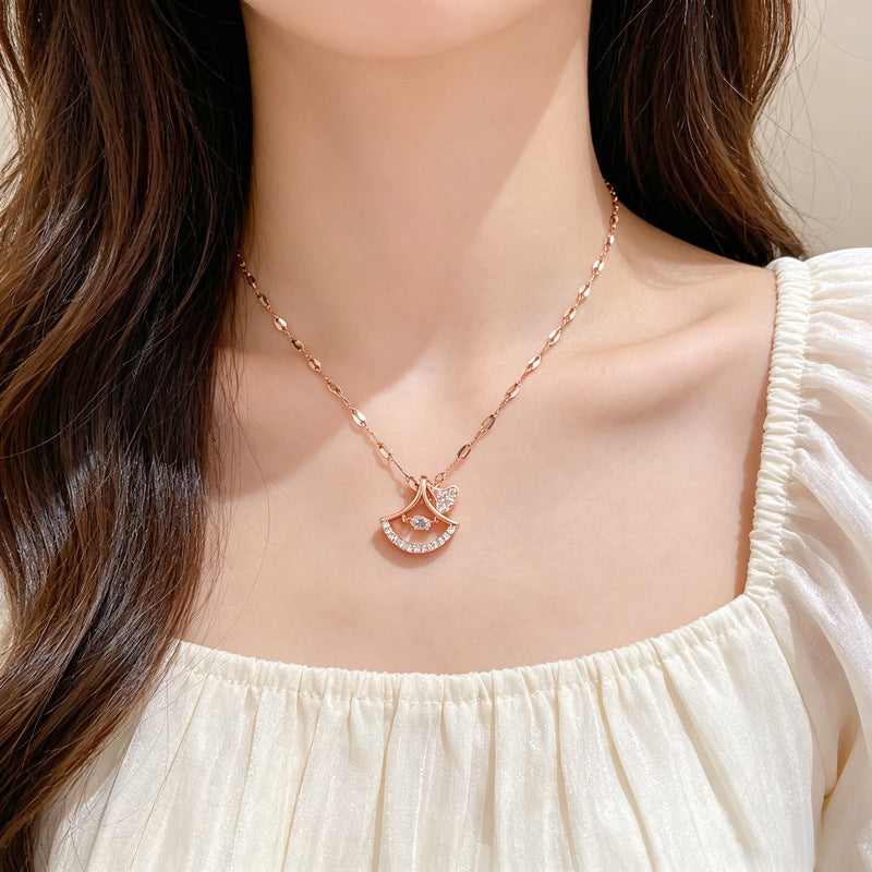 Sweet Elegant Ginkgo Leaf Plant Shape Rhinestone Inlay Titanium Steel Necklace with Cable Chain for Unisex