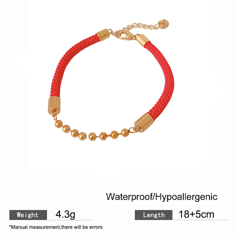 Minimalist Sweet Round Titanium Steel Plated Bracelet with Red Cord