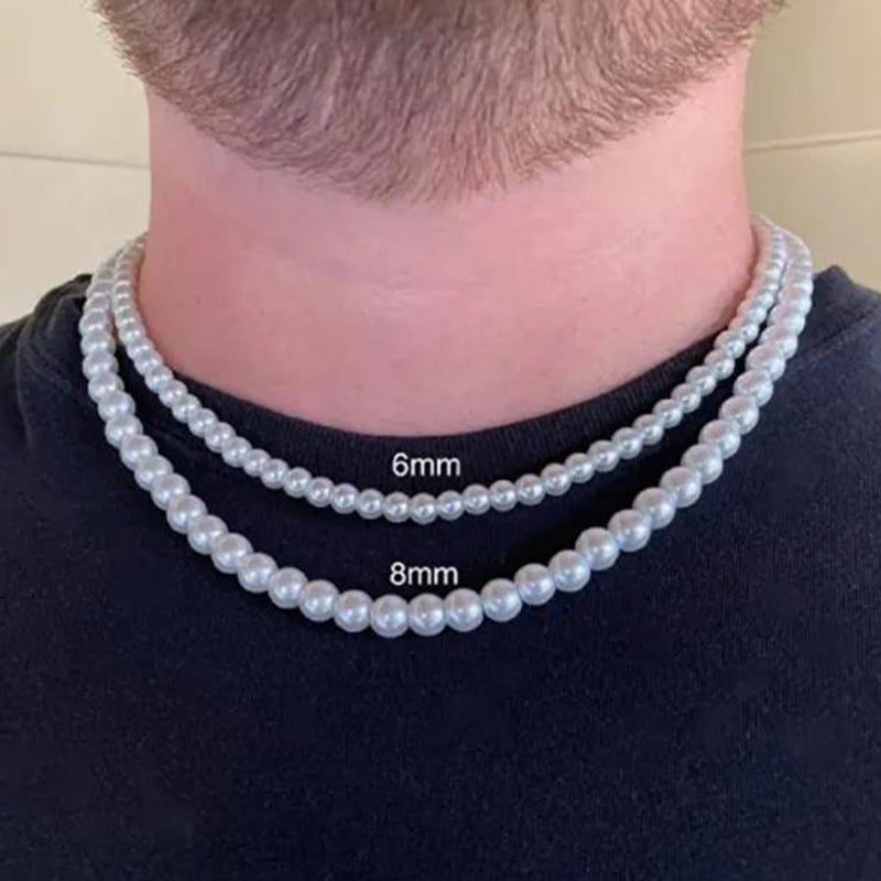 Men's Round Geometric Stainless Steel Pearl Necklace with Alloy Pendant on Cable Chain