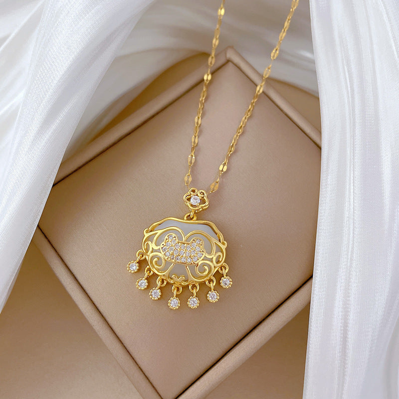 Luxury Tassel Lucky Lock Pendant Necklace for Women Stainless Steel Chain with Moon Motif Geometric Design