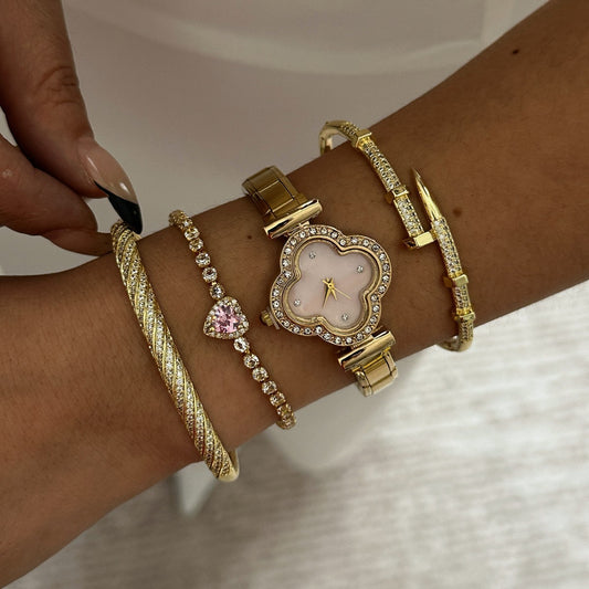 Set de pulseras de circonitas con forma de corazón geométrico chapado en oro de 14 quilates, estilo vintage minimalista para mujer