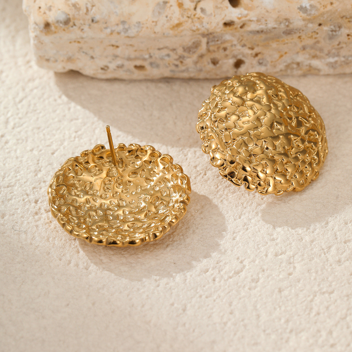 Minimalist Geometric Stainless Steel Ball Earrings with Wrinkled Texture and 18K Gold Plating for Women