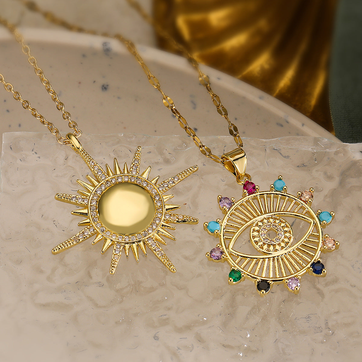 Minimalist Geometric Evil Eye Pendant Necklace for Women with Copper Base and Real Gold Plating Featuring Zircon Accents and Hollow-Out Detail