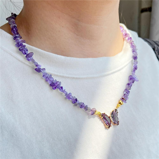 Butterfly Brass Necklace with Cubic Zirconia and Crystal Pendant Cable Chain Unisex