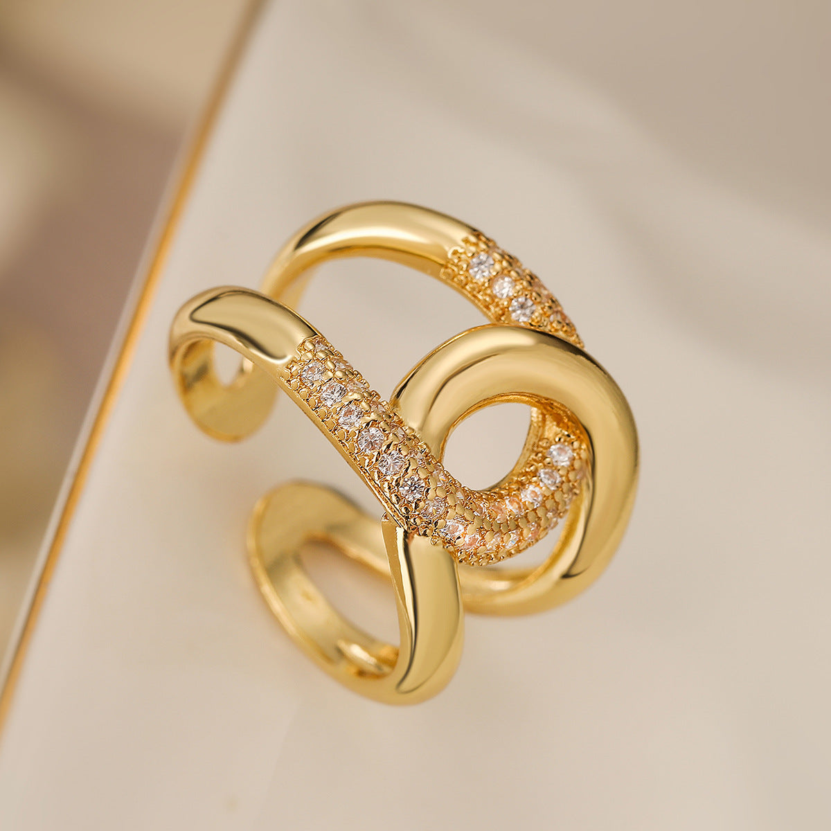 Minimalist Geometric Open Ring for Women in Copper with 18K Gold Plating and Micro-Paved Zirconia