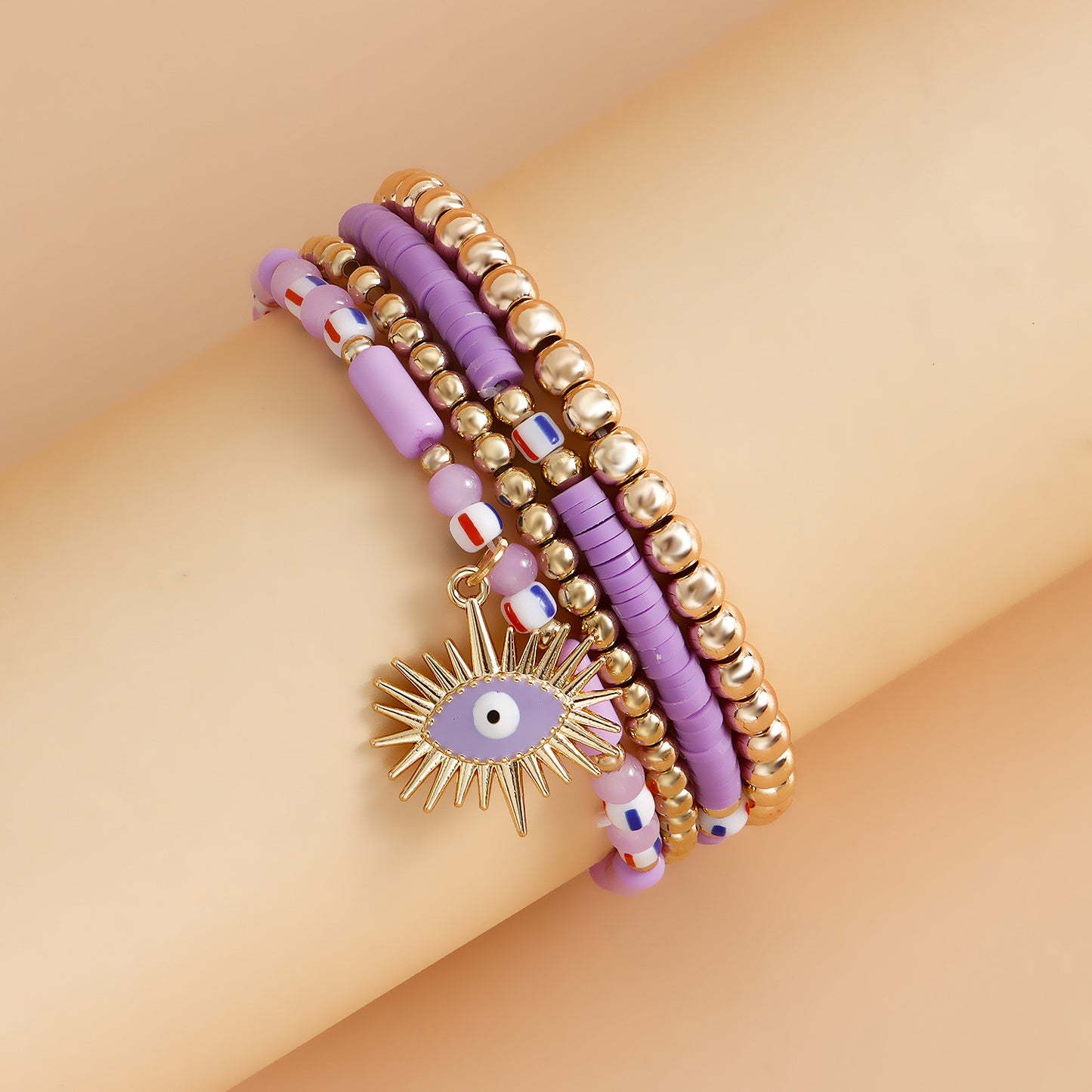 Minimalist Geometric Evil Eye Alloy Bracelet for Women with Plated Finish and Multicolor Polymer Clay Beads