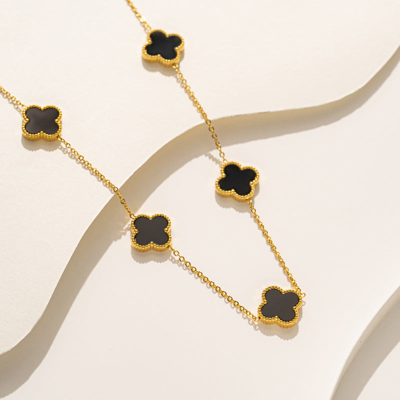Luxury 18K Gold Plated Titanium Steel Four-Leaf Clover Double-Sided Shell Necklace for Women