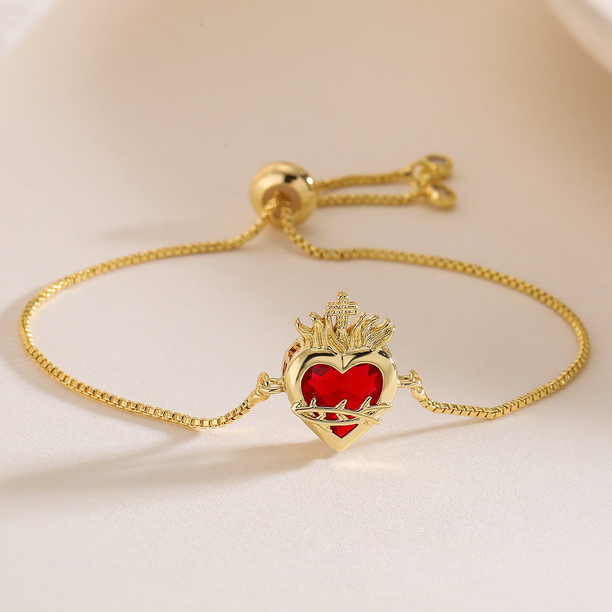 Luxury Minimalist 18K Gold Plated Brass Heart Geometric Cubic Zirconia Inlay Bracelet for Women