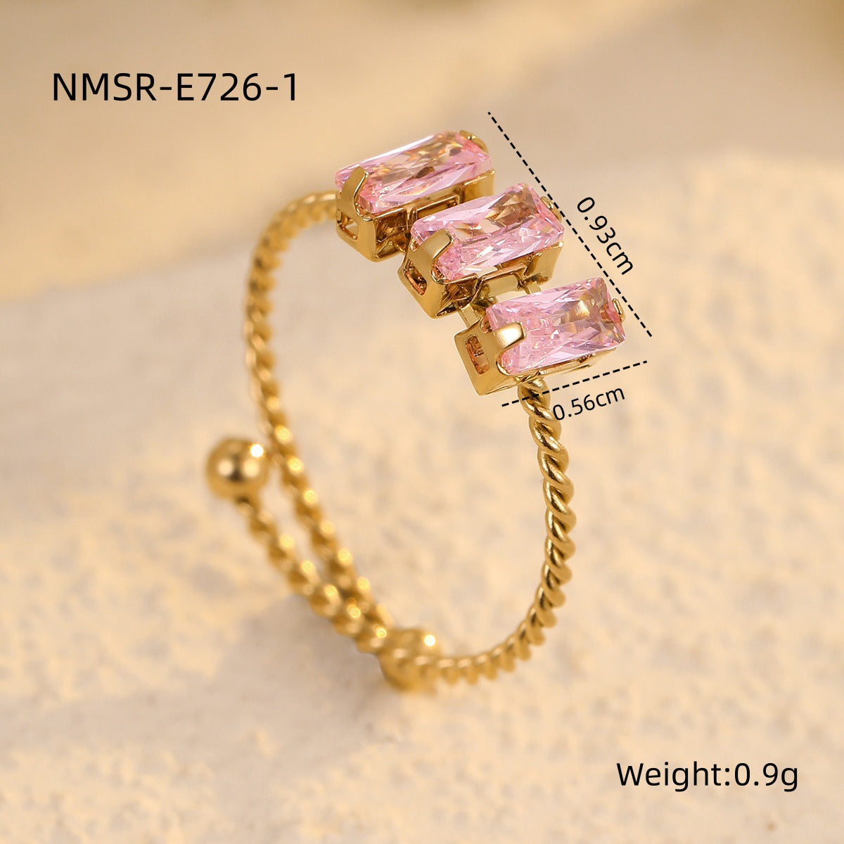 Anillo ajustable cuadrado minimalista de lujo de acero inoxidable con circonita para mujer con acabado chapado