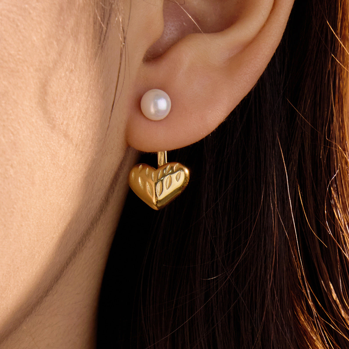 Orecchini a cuore in perla in acciaio inossidabile placcato oro 18 carati vintage da donna indossabili in due modi