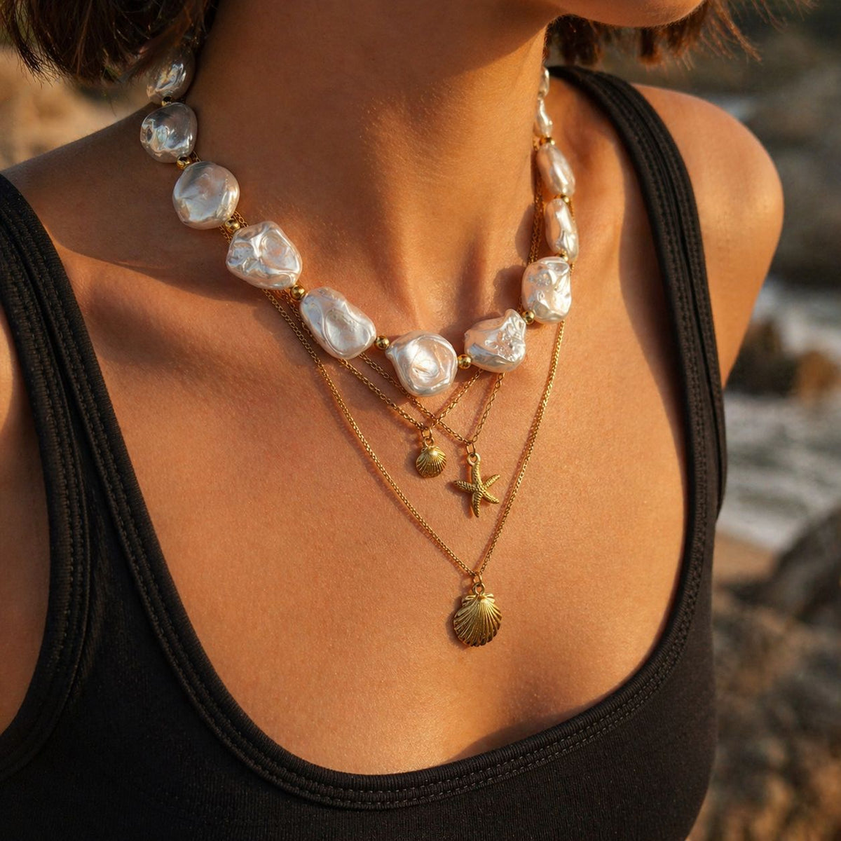 Sweet Stainless Steel Starfish Shell Pearl Pendant Necklace Plated Fine Chain Women's Jewelry