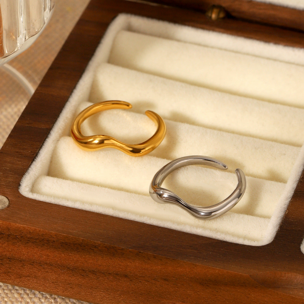 Minimalist Wave-Shaped Stainless Steel Open Ring for Women with Plated Finish and Ocean-Inspired Design