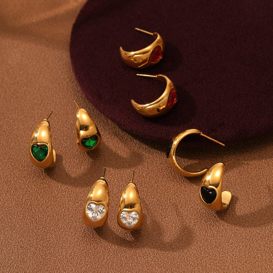 Vintage 18K Gold Plated Heart Shape Zircon Stainless Steel C-Shape Earrings for Women