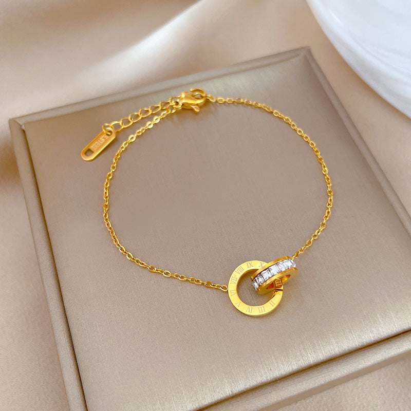 Vintage Minimalist Roman Ring Circular Titanium Steel O-Chain Bracelet for Women and Men with Wavy and Bean-shaped Pattern Gold Silver Plated