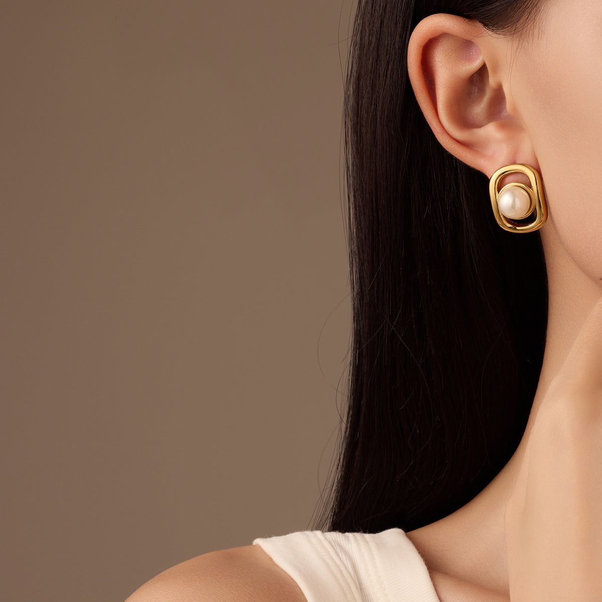 Orecchini da donna in acciaio inossidabile a forma quadrata geometrica minimalista con intarsio di perle