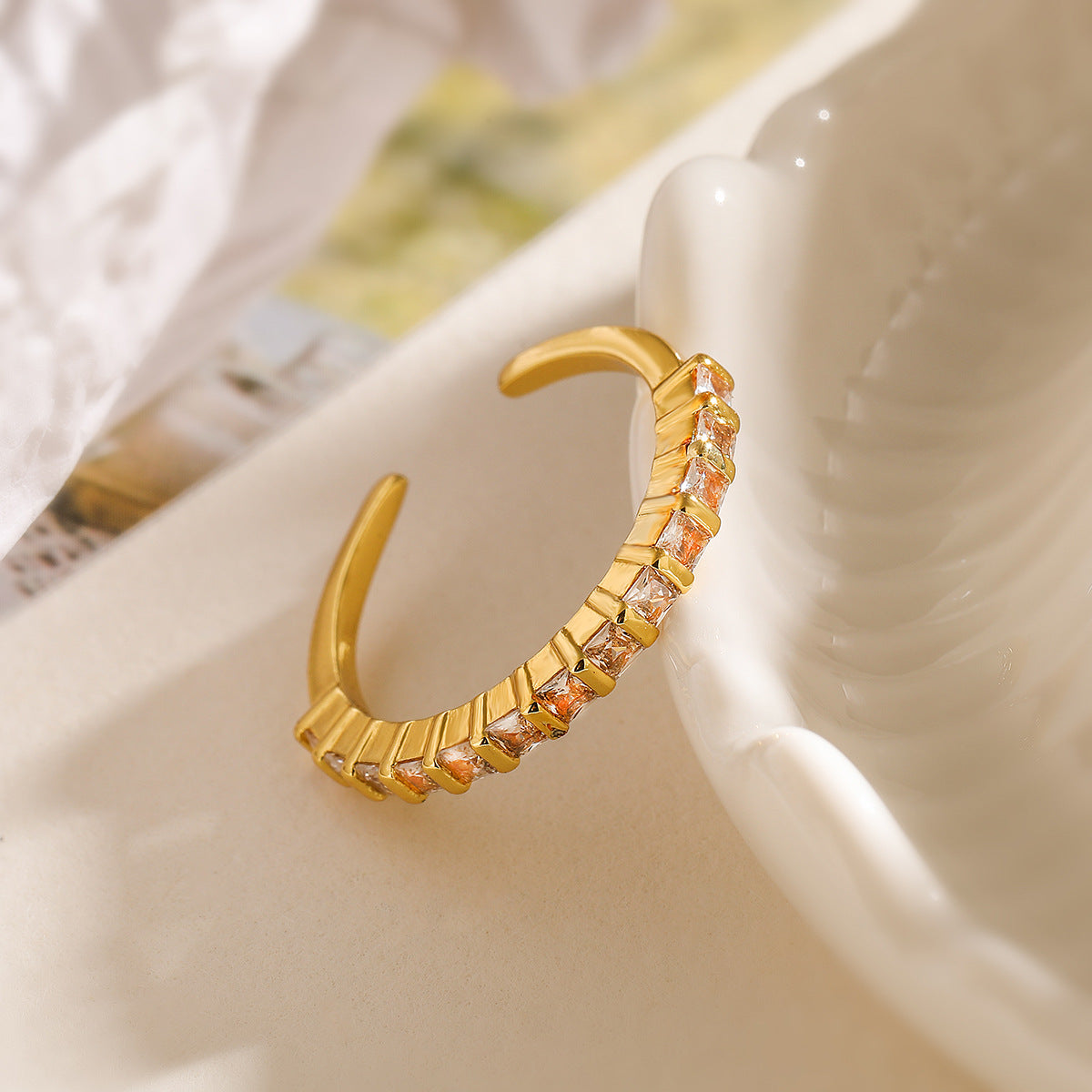 Minimalist Geometric Open Ring for Women in Brass with 18K Gold Plating and Zircon Inlay