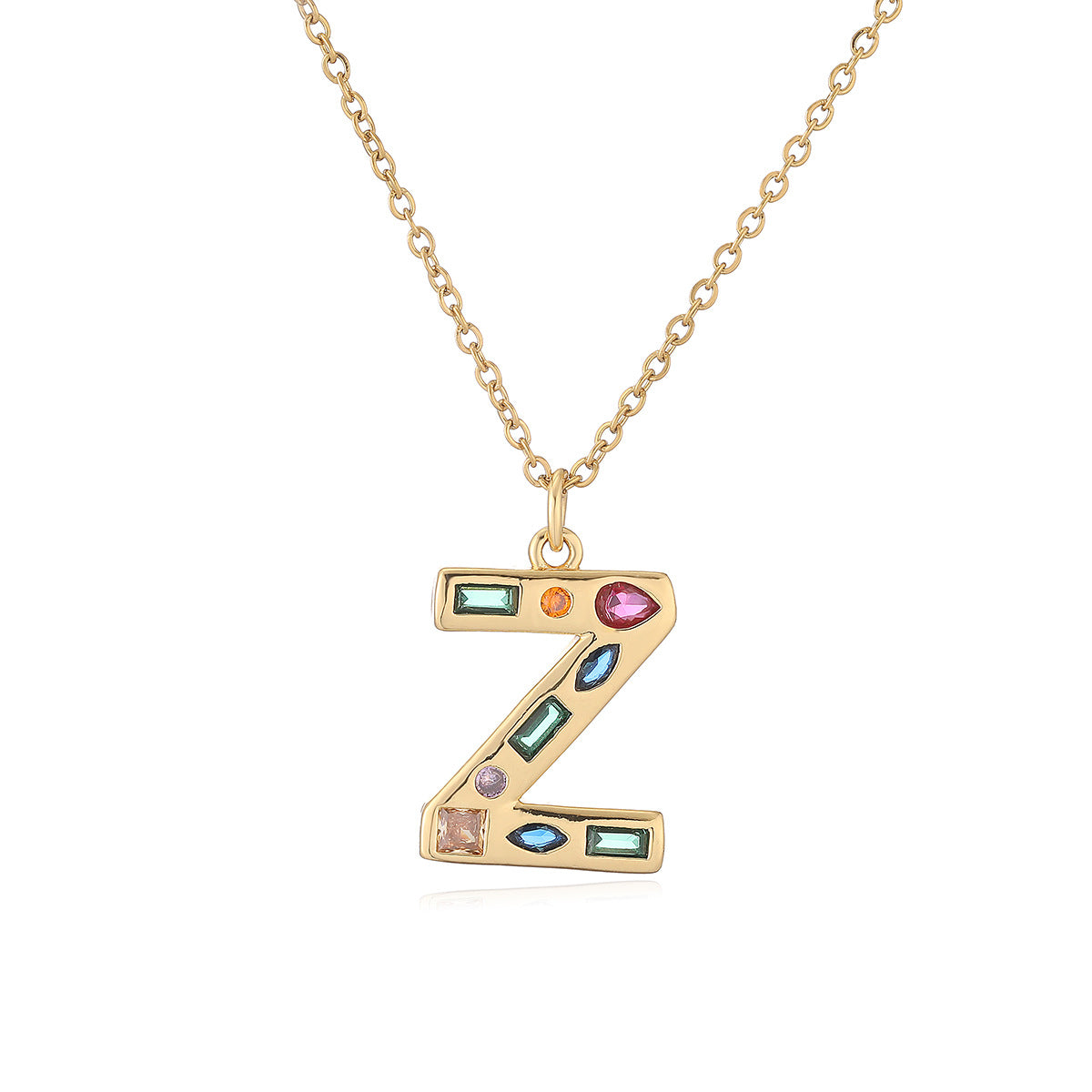 Minimalist Letter Shape Copper Pendant Necklace with 18K Gold Plating and Colored Zircon Inlay for Women