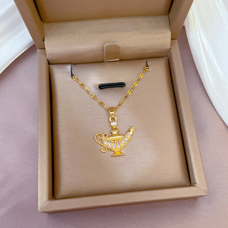 Exotic Style Geometric Lamp Pendant Necklace in Titanium Steel with Micro-Pave Zirconia and Gold-Plated Copper Charm