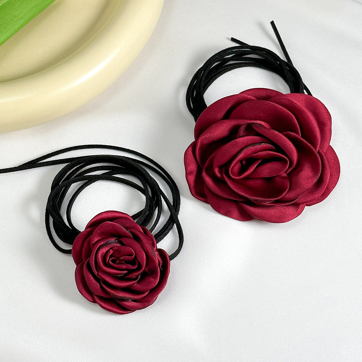 Floral Choker Necklace Set with 3D Rose and Camellia Design for Women, Fabric Band with Satin Finish, Geometric Floral Pattern