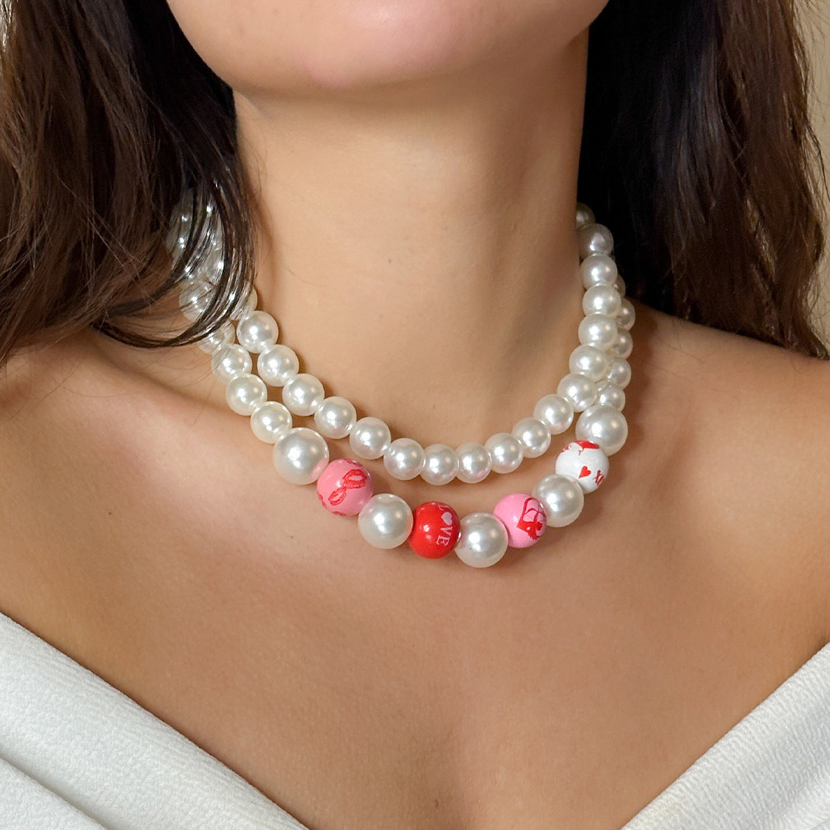 Minimalist Love Letter Pendant Necklace with Imitation Pearl Beads on Pearl Chain for Women