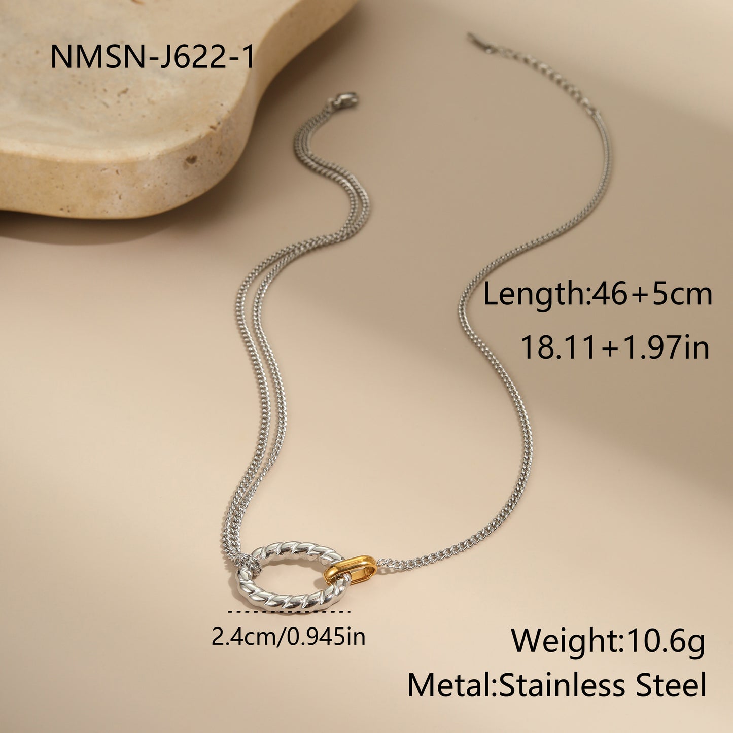Fashionable Geometric Stainless Steel Necklace with 18K Gold and Silver Plated Finish for Women