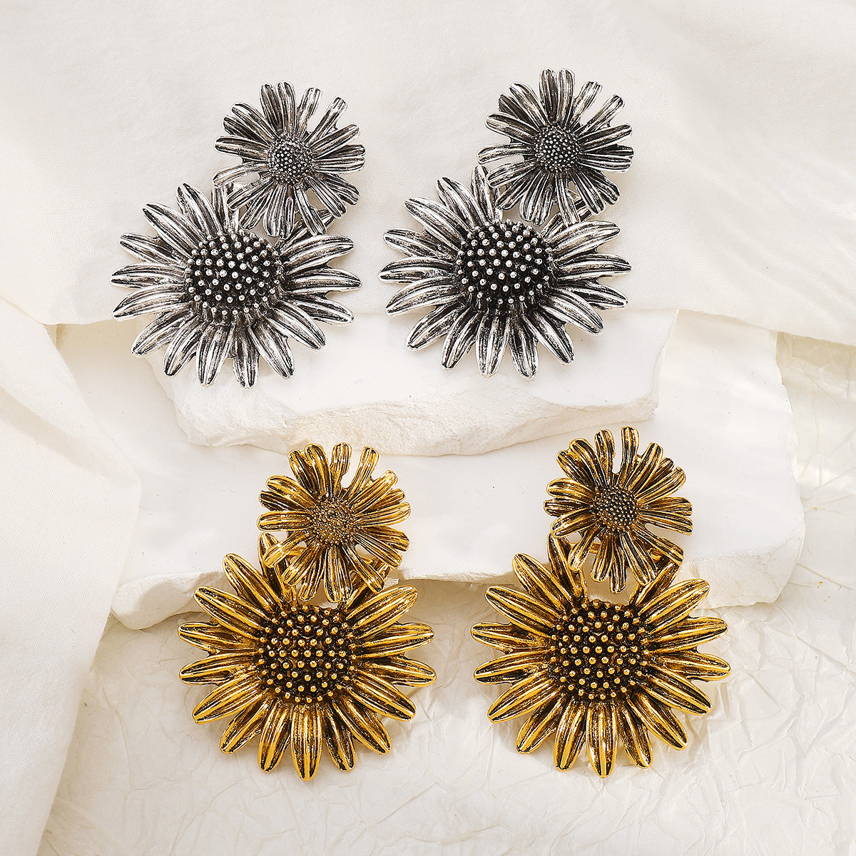 Vintage-Style Sunflower-Shaped Alloy Stud Earrings for Women with Electroplated Finish and Stainless Steel Posts
