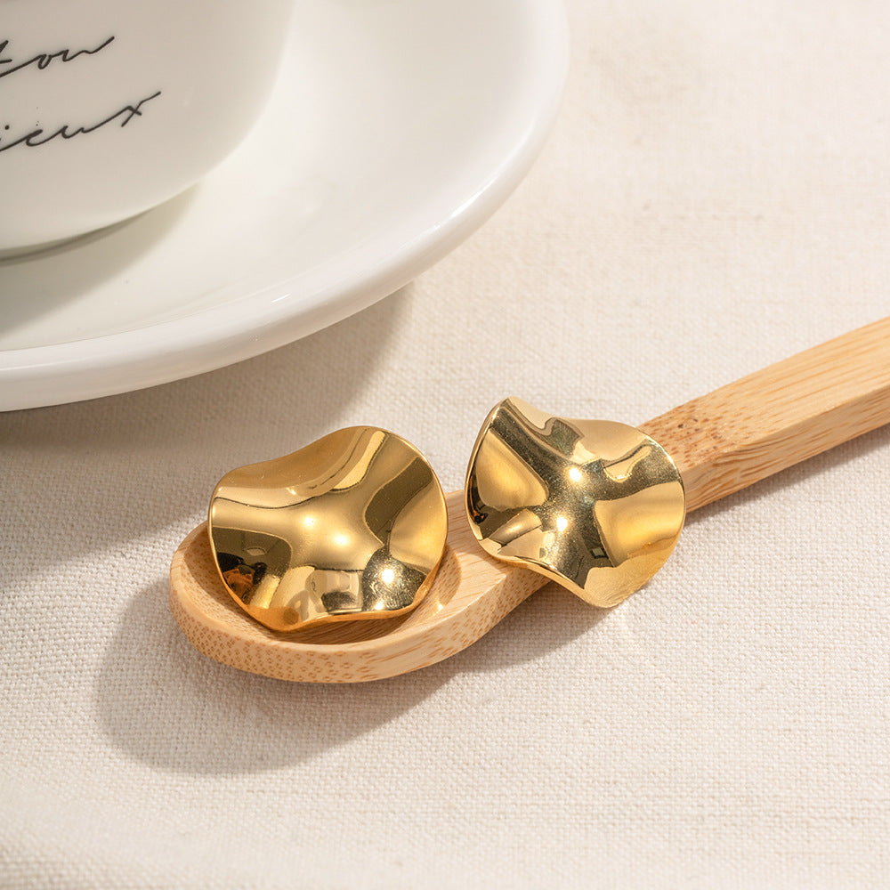 Geometric Stainless Steel Earrings with 18K Gold Plating, Textured Round Design, Elegant Women's Fashion Earrings